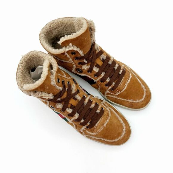 GUCCI Brown Suede Shearling Ace Sneakers Size 39 US 8.5 High Top Web Stripe Fur - Picture 2 of 11